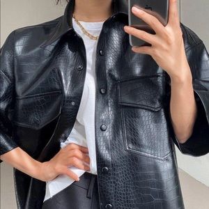 Frankie shop oversized croc embossed pocket shirt in black